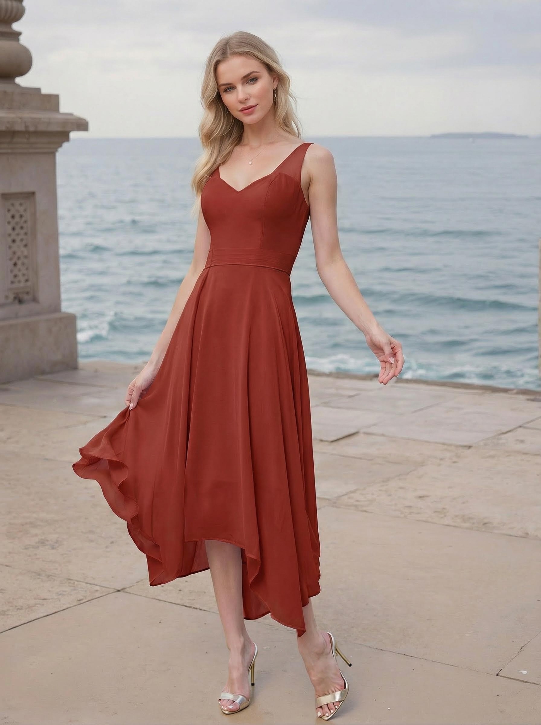 A-Line V-Neck Sleeveless Tea-Length Chiffon(Non-Stretch) Bridesmaid Dresses
