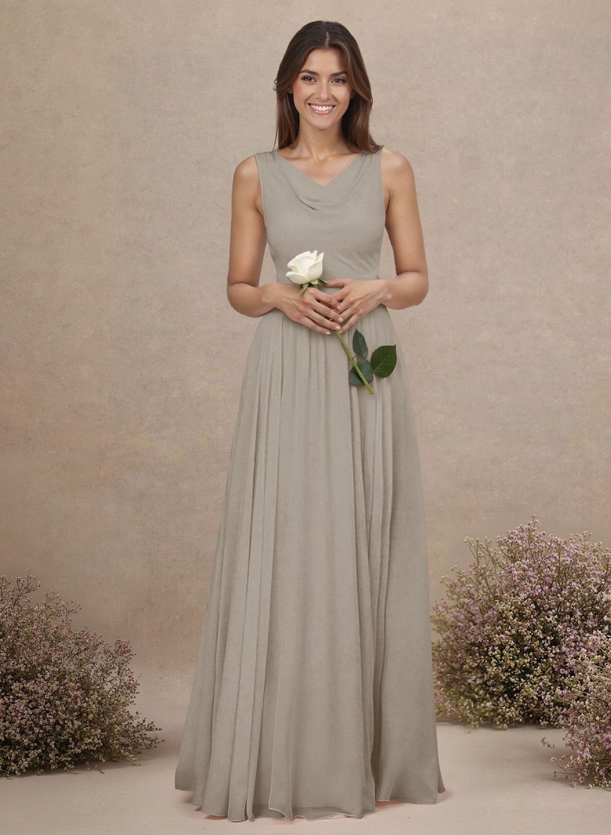 Elegant Cowl Neck Cowl Back Floor-Length A-Line Chiffon Bridesmaid Dresses