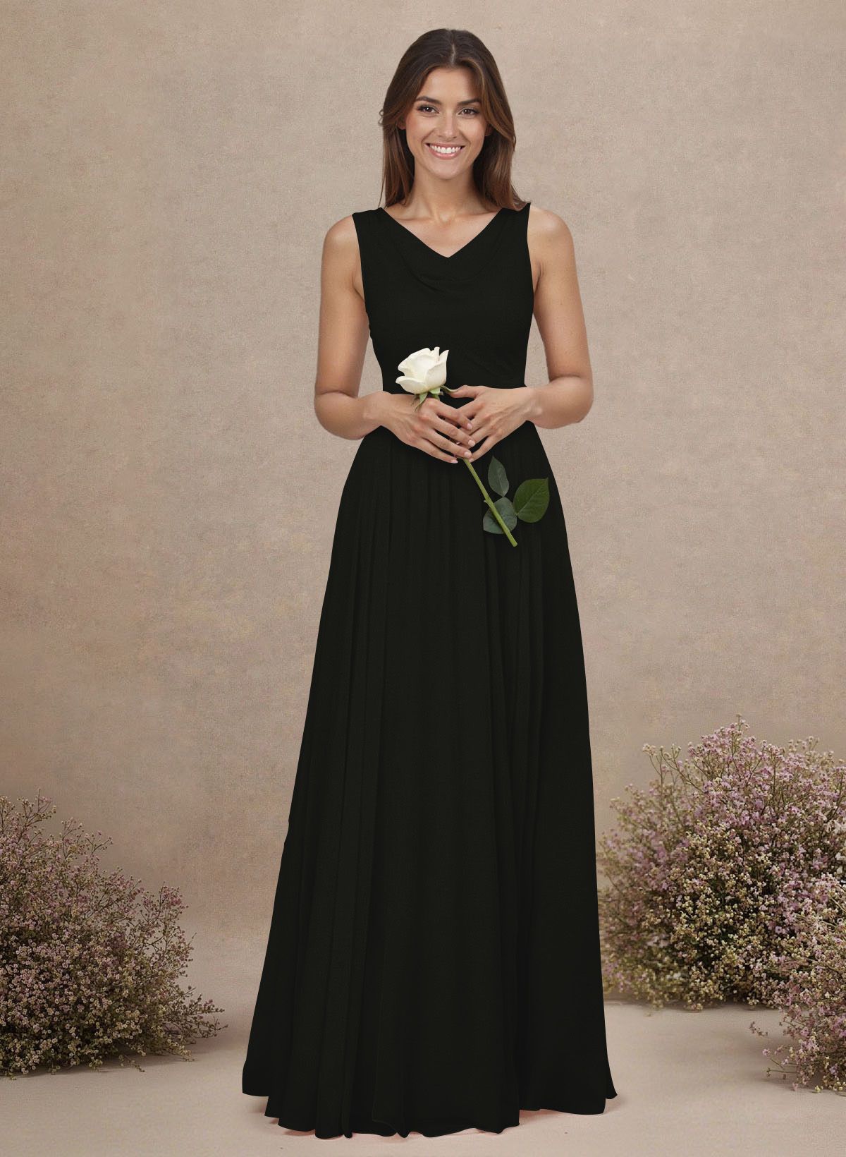 Elegant Cowl Neck Cowl Back Floor-Length A-Line Chiffon Bridesmaid Dresses