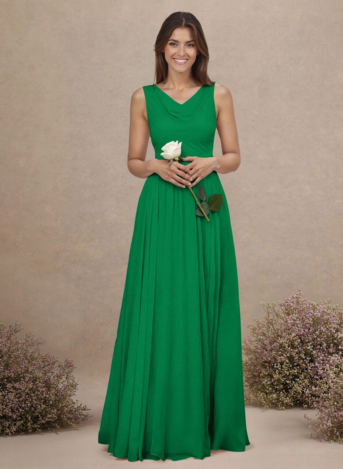 Elegant Cowl Neck Cowl Back Floor-Length A-Line Chiffon Bridesmaid Dresses