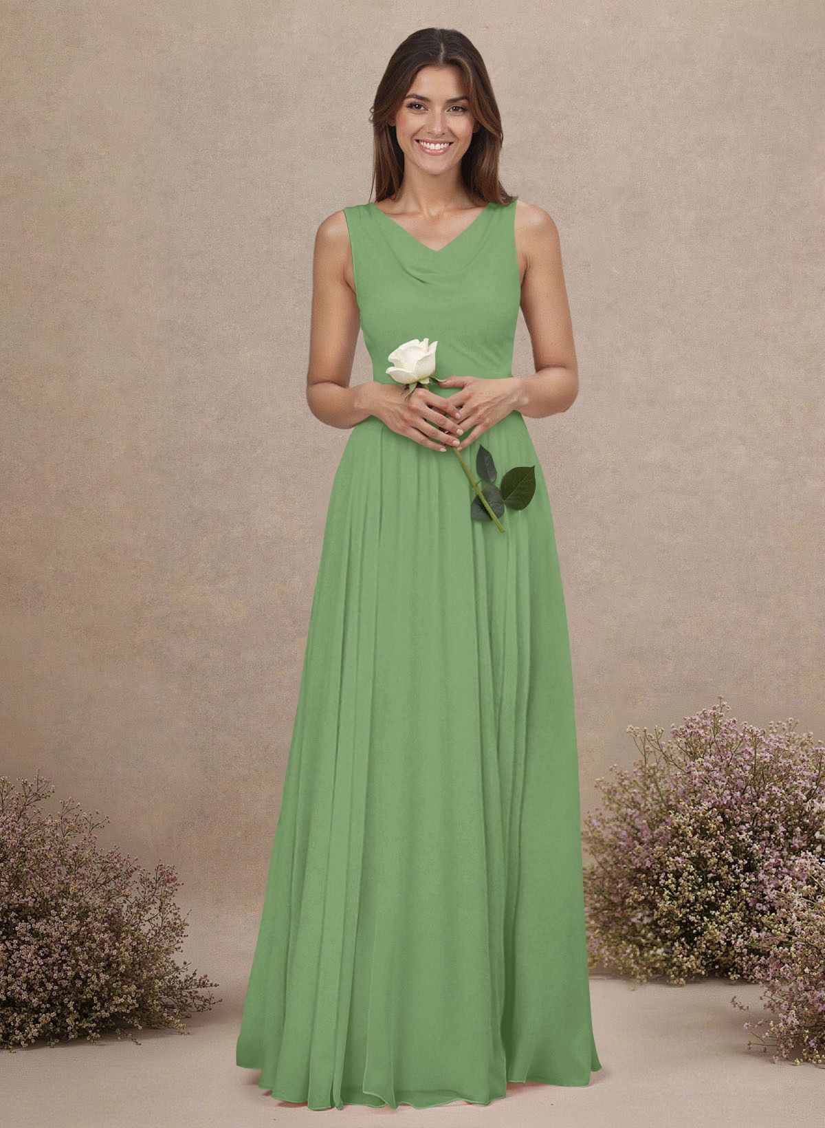 Elegant Cowl Neck Cowl Back Floor-Length A-Line Chiffon Bridesmaid Dresses