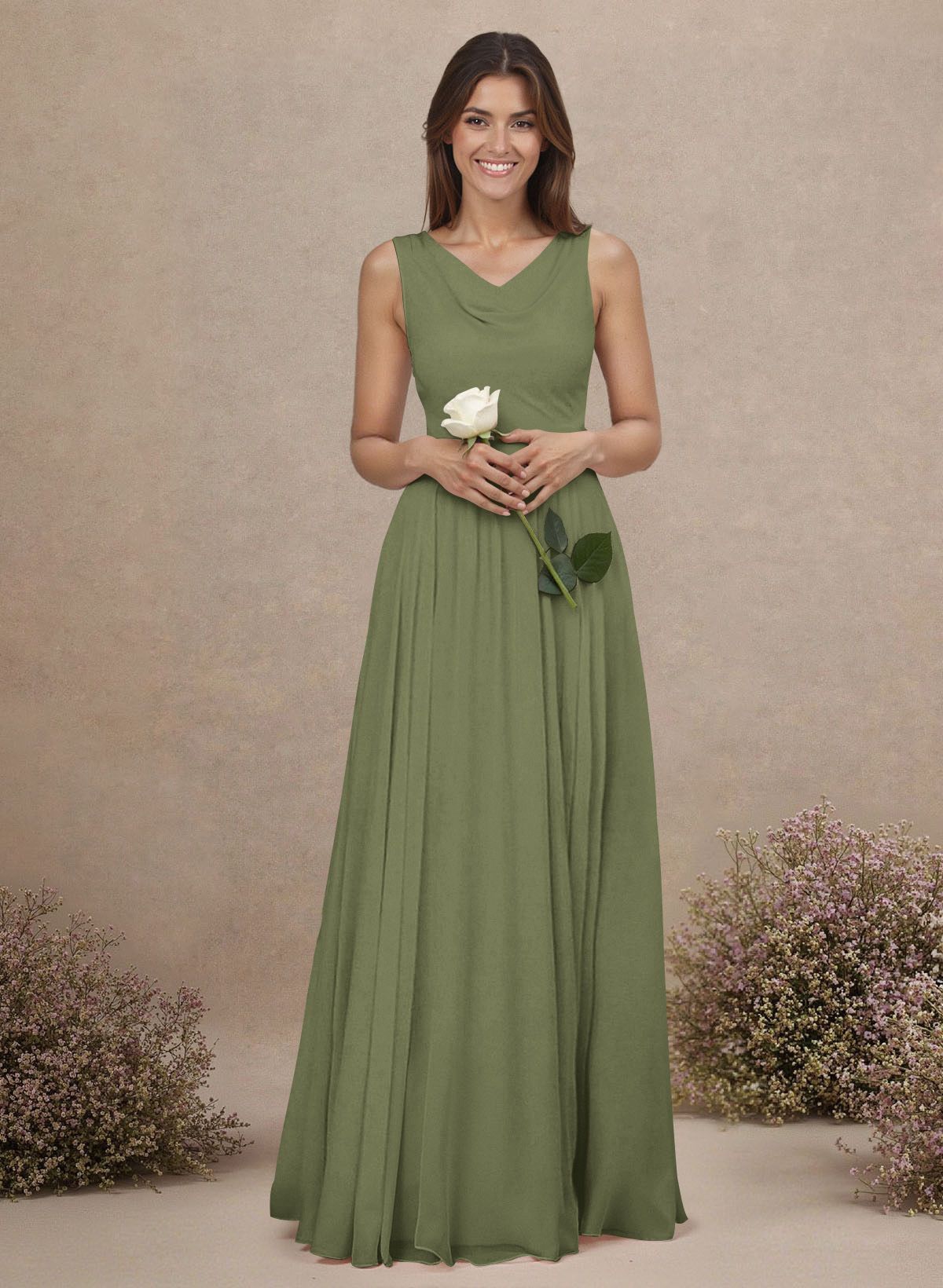 Elegant Cowl Neck Cowl Back Floor-Length A-Line Chiffon Bridesmaid Dresses