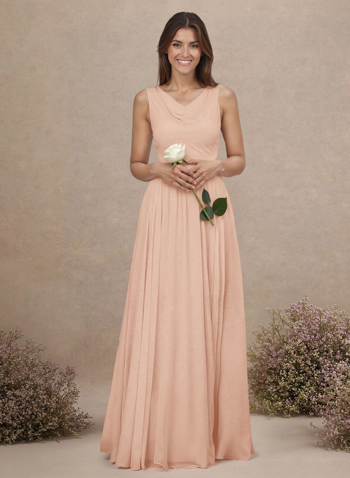 Elegant Cowl Neck Cowl Back Floor-Length A-Line Chiffon Bridesmaid Dresses