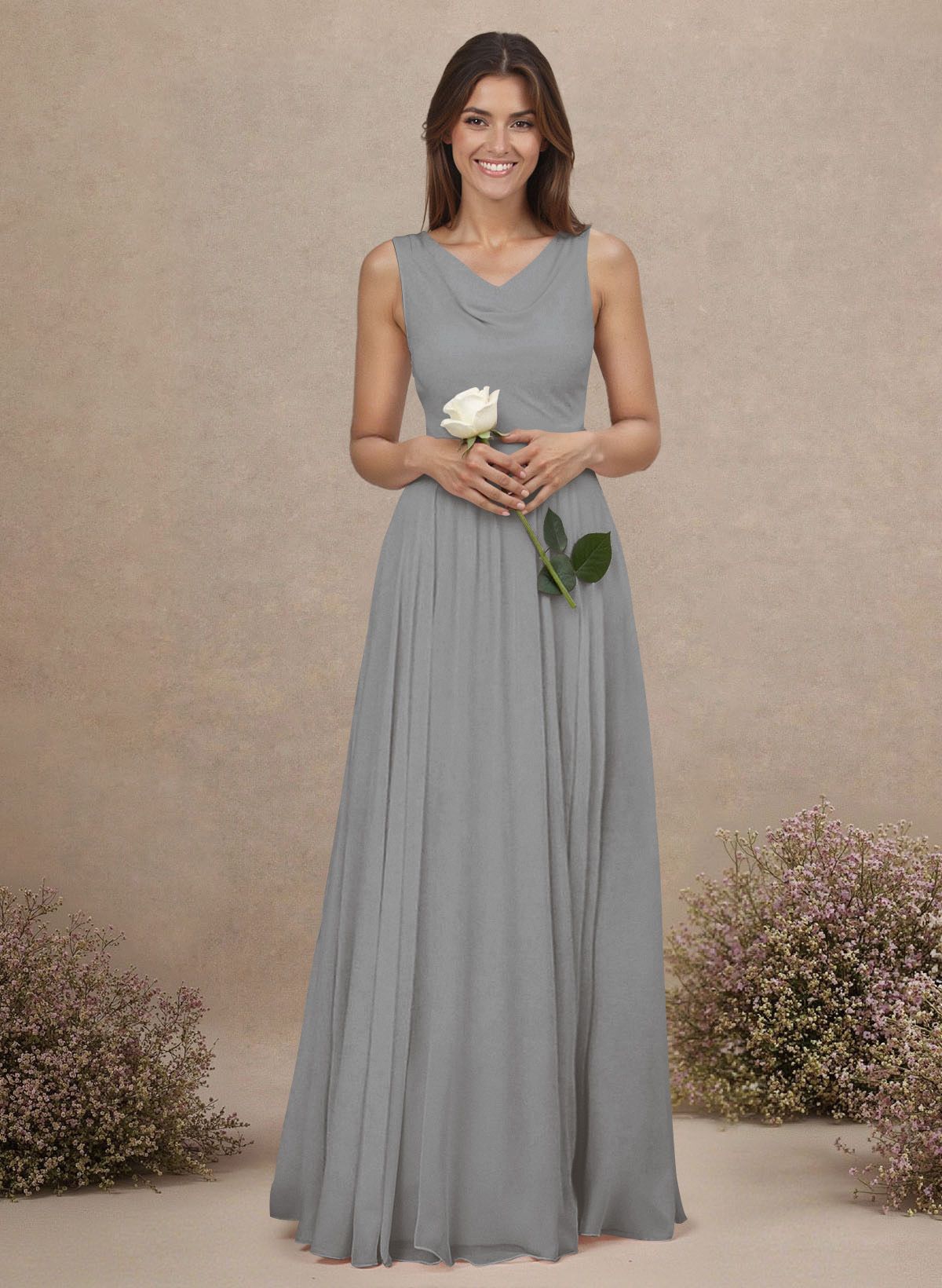 Elegant Cowl Neck Cowl Back Floor-Length A-Line Chiffon Bridesmaid Dresses