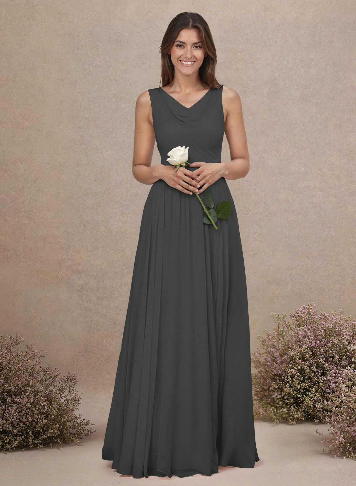 Elegant Cowl Neck Cowl Back Floor-Length A-Line Chiffon Bridesmaid Dresses
