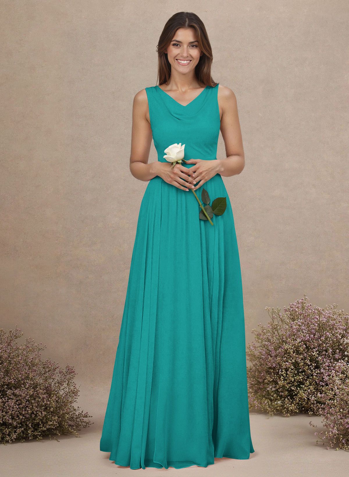 Elegant Cowl Neck Cowl Back Floor-Length A-Line Chiffon Bridesmaid Dresses