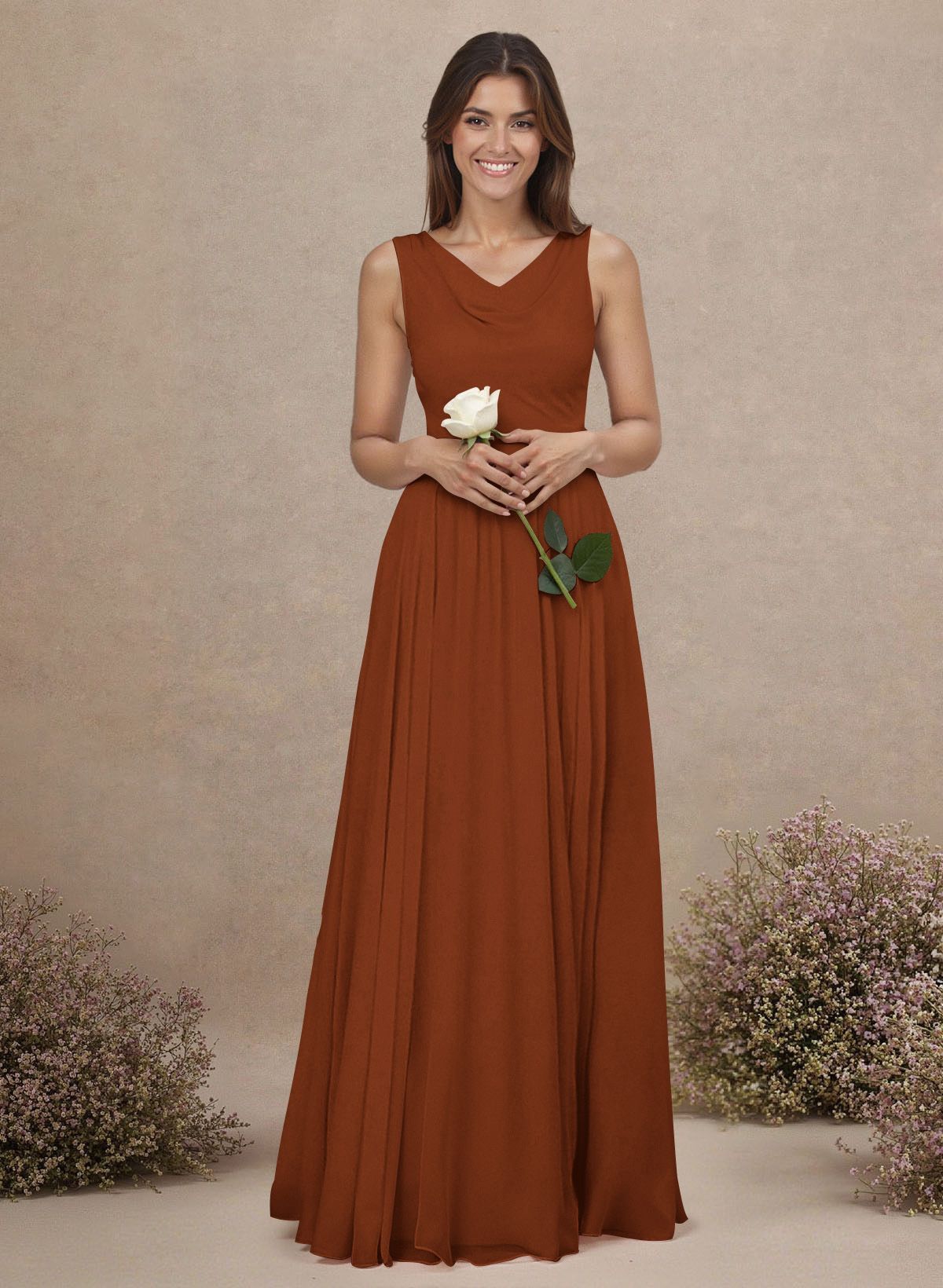 Elegant Cowl Neck Cowl Back Floor-Length A-Line Chiffon Bridesmaid Dresses
