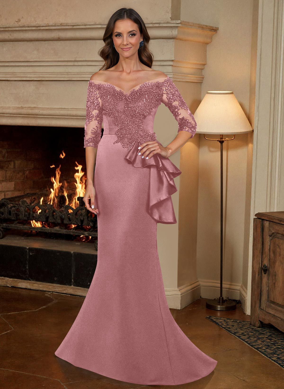 Exquisite Semi Sheer Illusion Floral Embroidered Off-Shoulder Mother Of The Bride Dresses