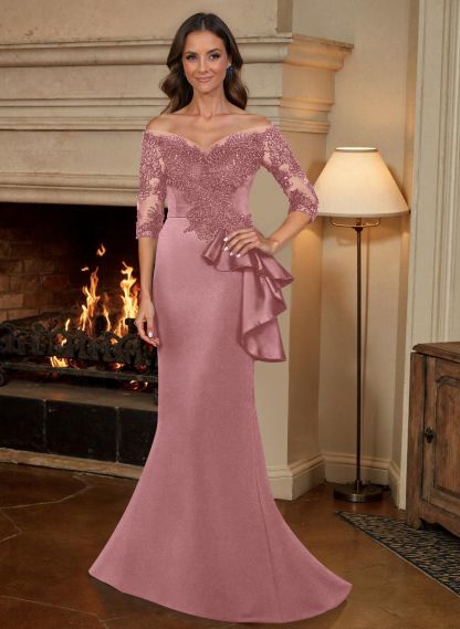 Exquisite Semi Sheer Illusion Floral Embroidered Off-Shoulder Mother Of The Bride Dresses