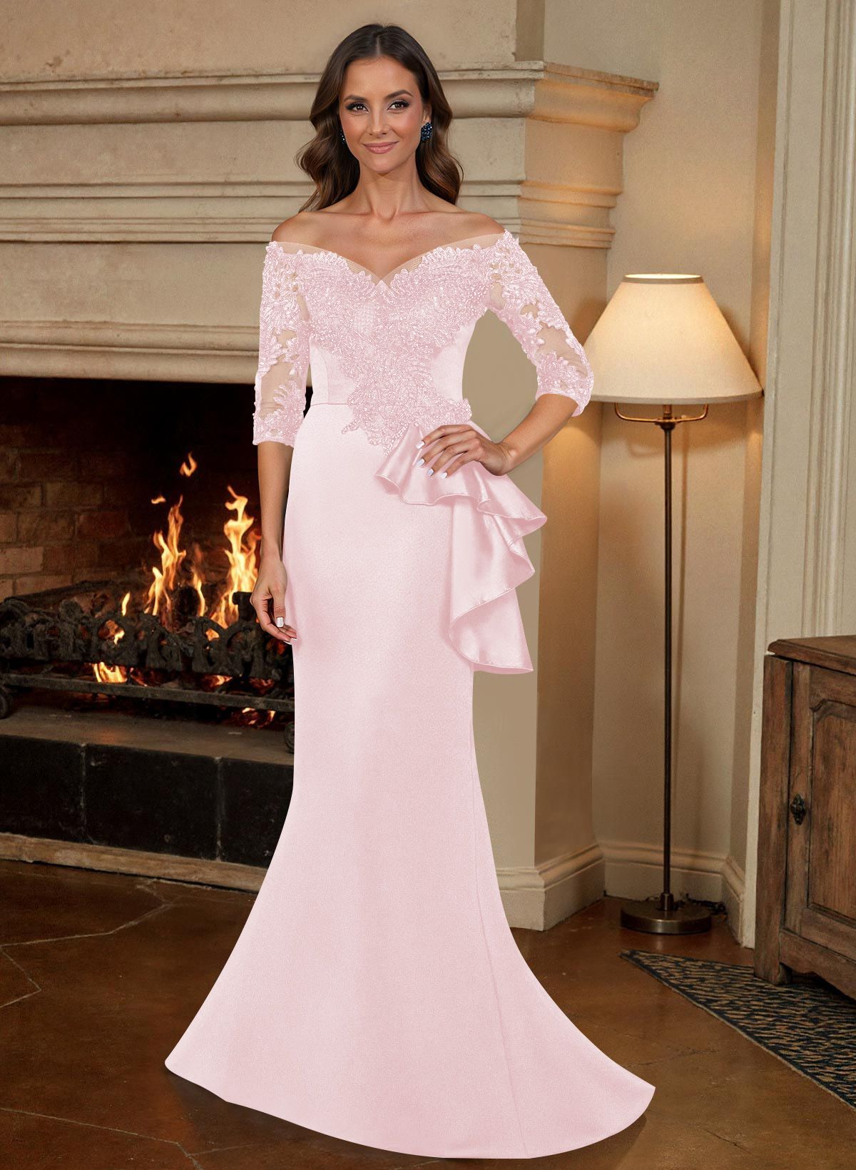Exquisite Semi Sheer Illusion Floral Embroidered Off-Shoulder Mother Of The Bride Dresses