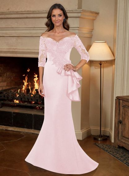 Exquisite Semi Sheer Illusion Floral Embroidered Off-Shoulder Mother Of The Bride Dresses
