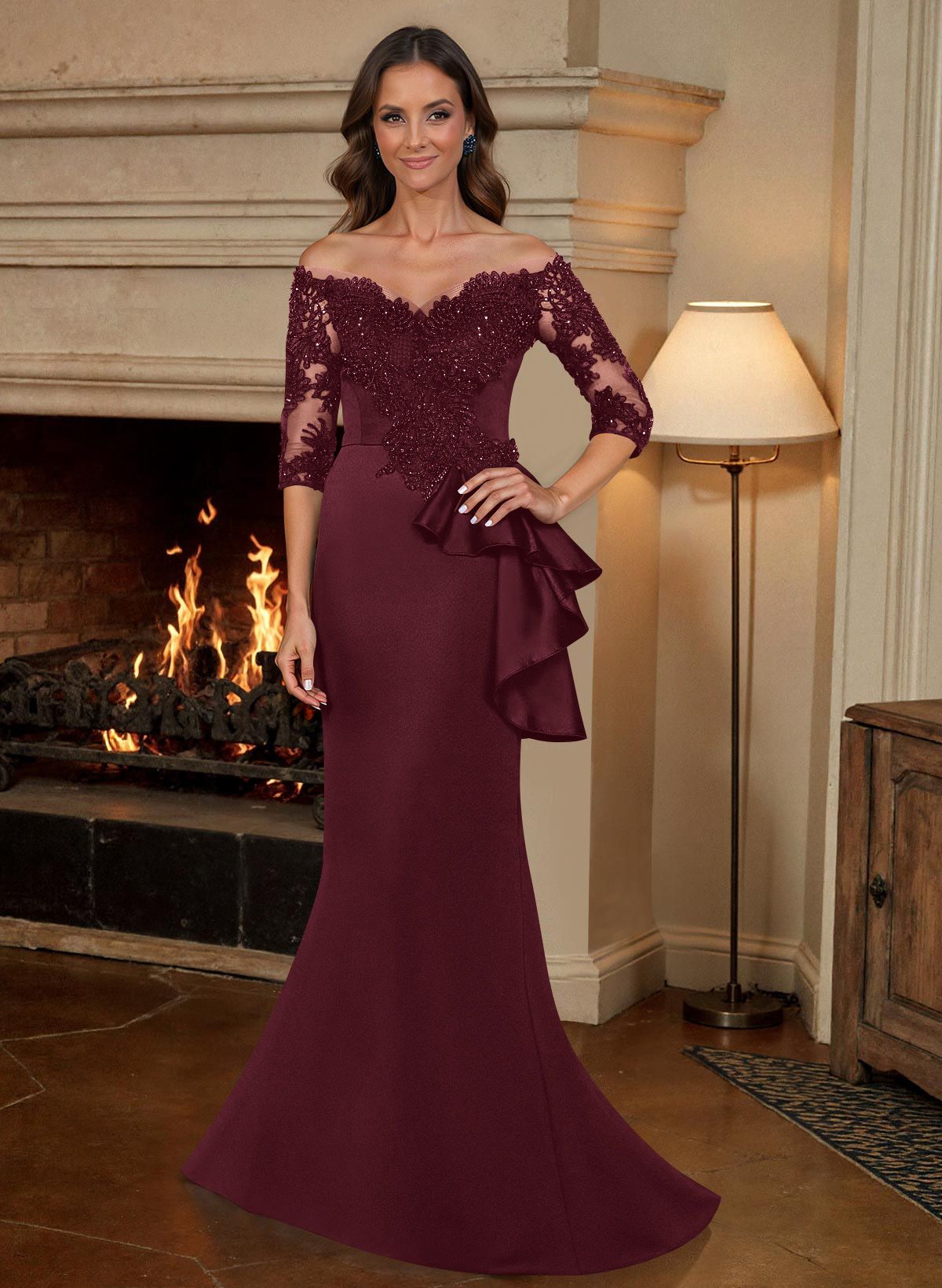 Exquisite Semi Sheer Illusion Floral Embroidered Off-Shoulder Mother Of The Bride Dresses
