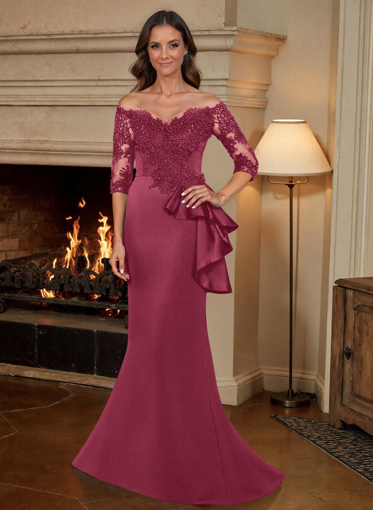 Exquisite Semi Sheer Illusion Floral Embroidered Off-Shoulder Mother Of The Bride Dresses