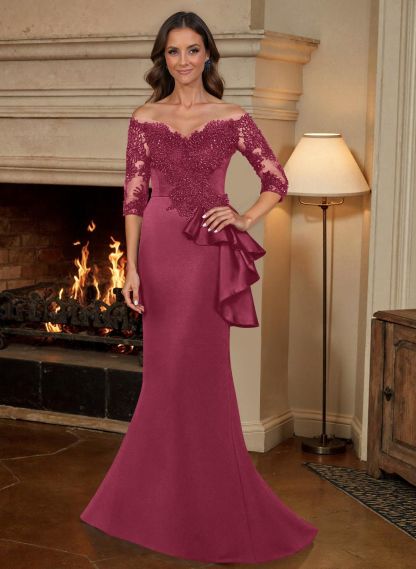 Exquisite Semi Sheer Illusion Floral Embroidered Off-Shoulder Mother Of The Bride Dresses