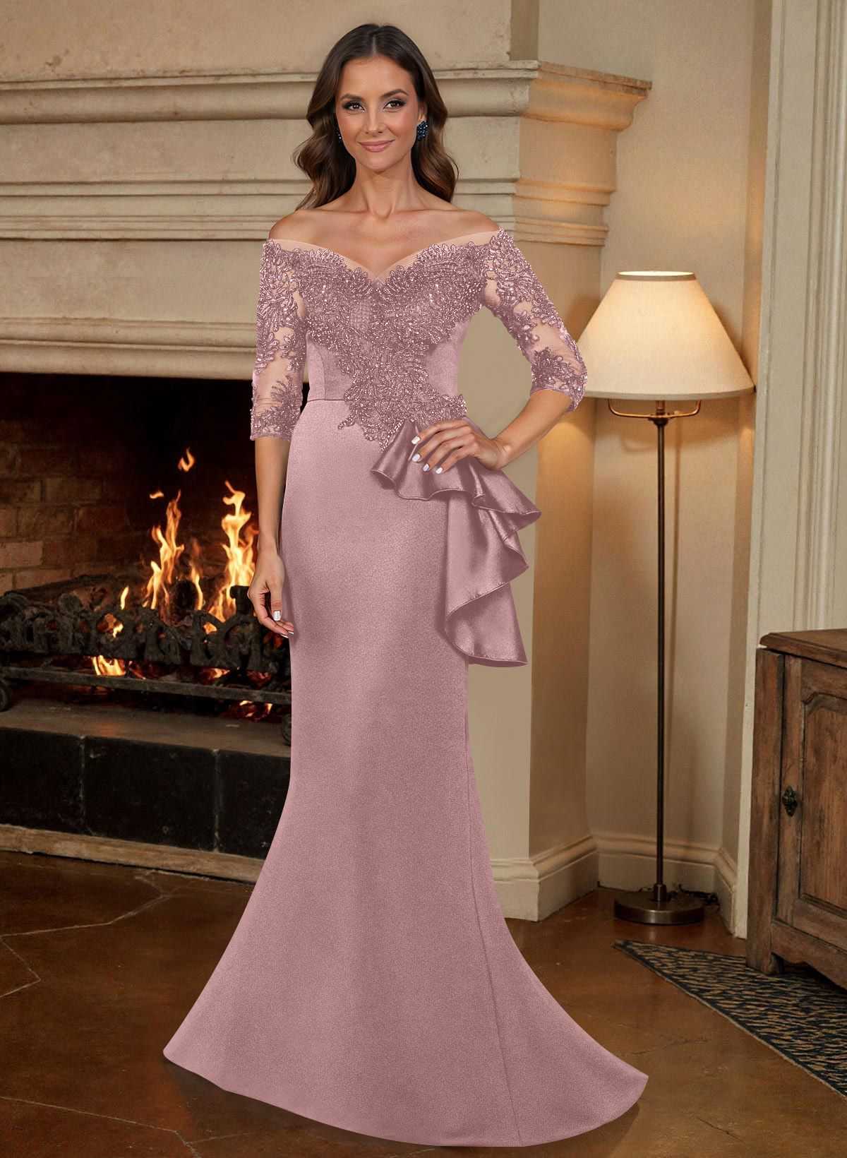 Exquisite Semi Sheer Illusion Floral Embroidered Off-Shoulder Mother Of The Bride Dresses