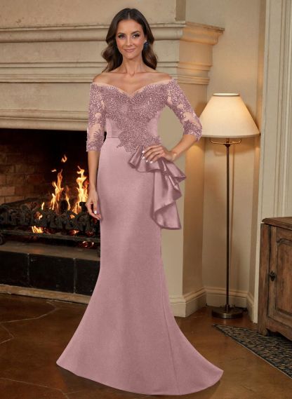 Exquisite Semi Sheer Illusion Floral Embroidered Off-Shoulder Mother Of The Bride Dresses