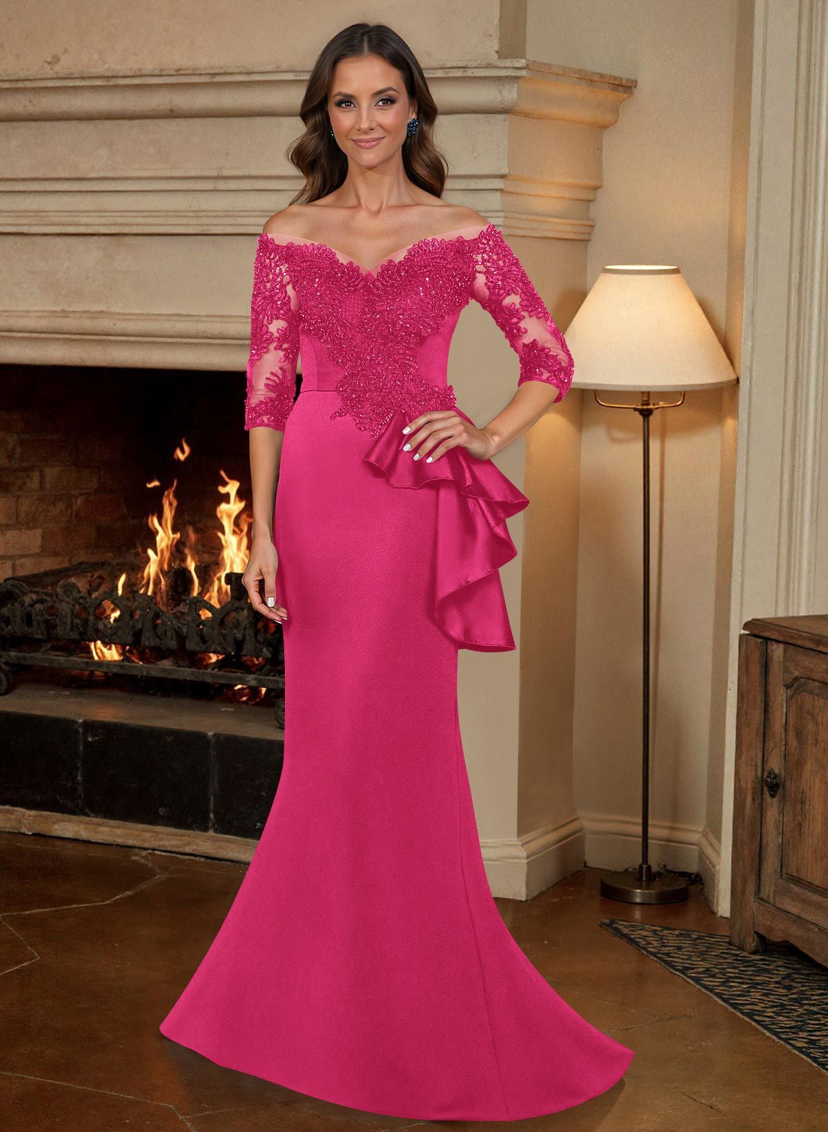 Exquisite Semi Sheer Illusion Floral Embroidered Off-Shoulder Mother Of The Bride Dresses