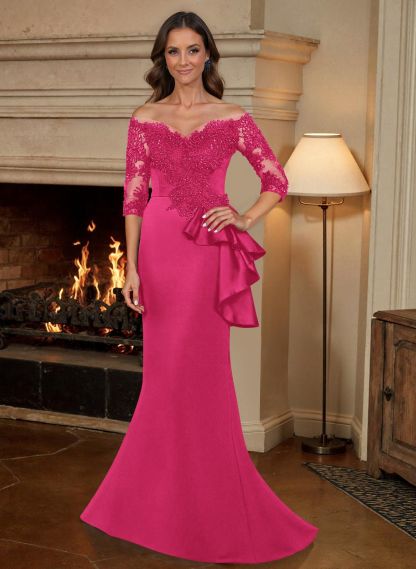 Exquisite Semi Sheer Illusion Floral Embroidered Off-Shoulder Mother Of The Bride Dresses