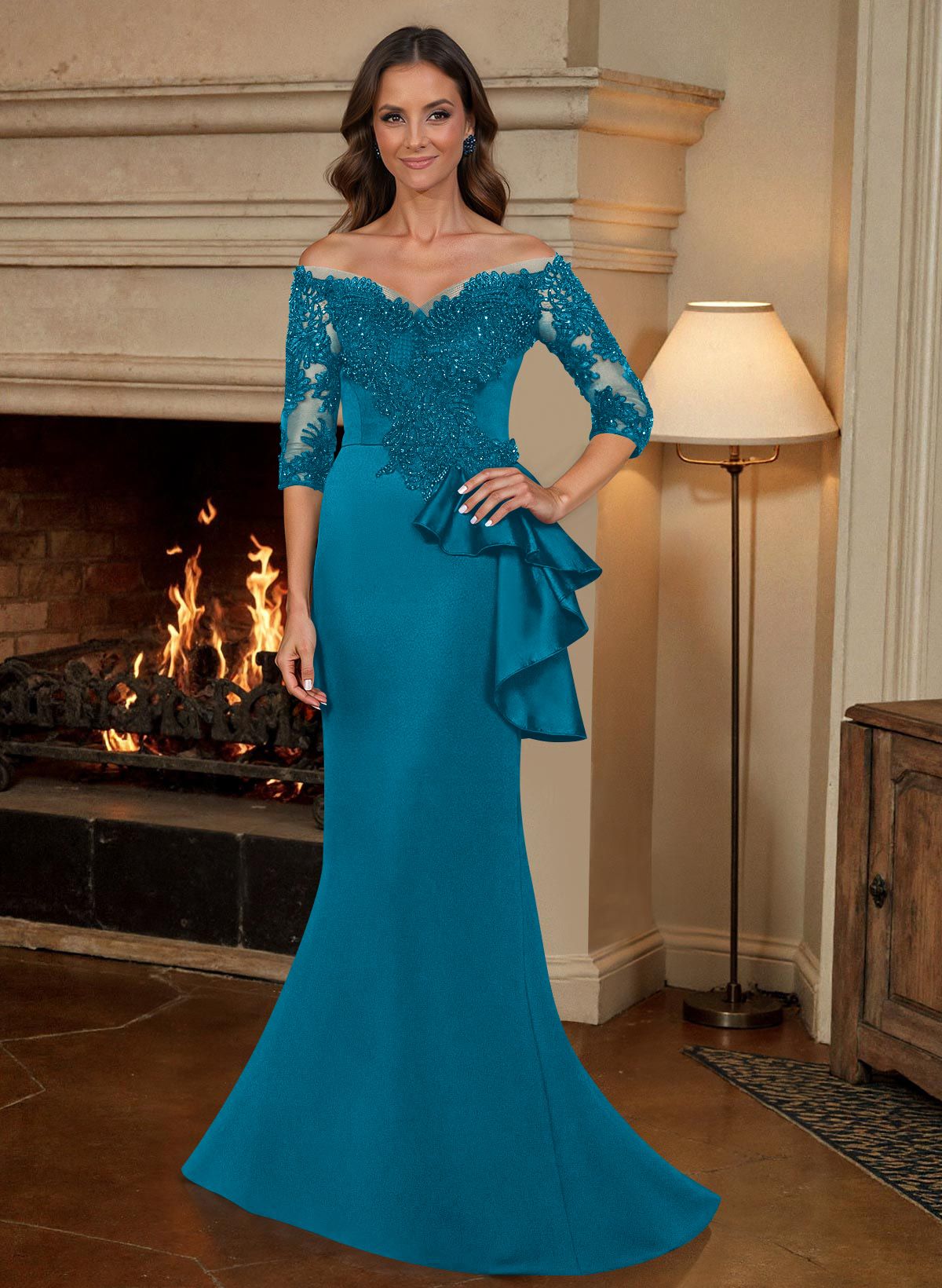 Exquisite Semi Sheer Illusion Floral Embroidered Off-Shoulder Mother Of The Bride Dresses