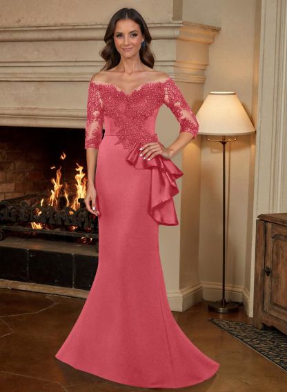 Exquisite Semi Sheer Illusion Floral Embroidered Off-Shoulder Mother Of The Bride Dresses