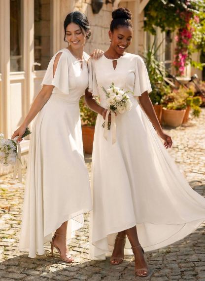 A-Line Scoop Neck Short Sleeves Asymmetrical Chiffon Bridesmaid Dresses With