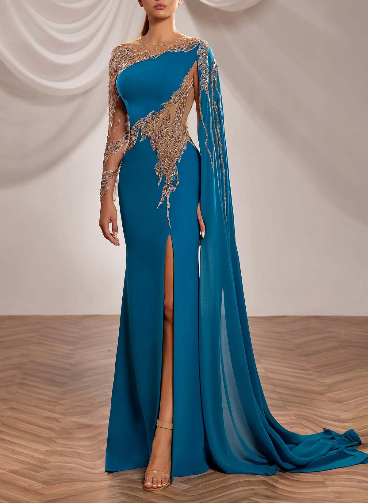 Trumpet/Mermaid Illusion Neck Long Sleeves Floor-Length Chiffon Evening Dresses