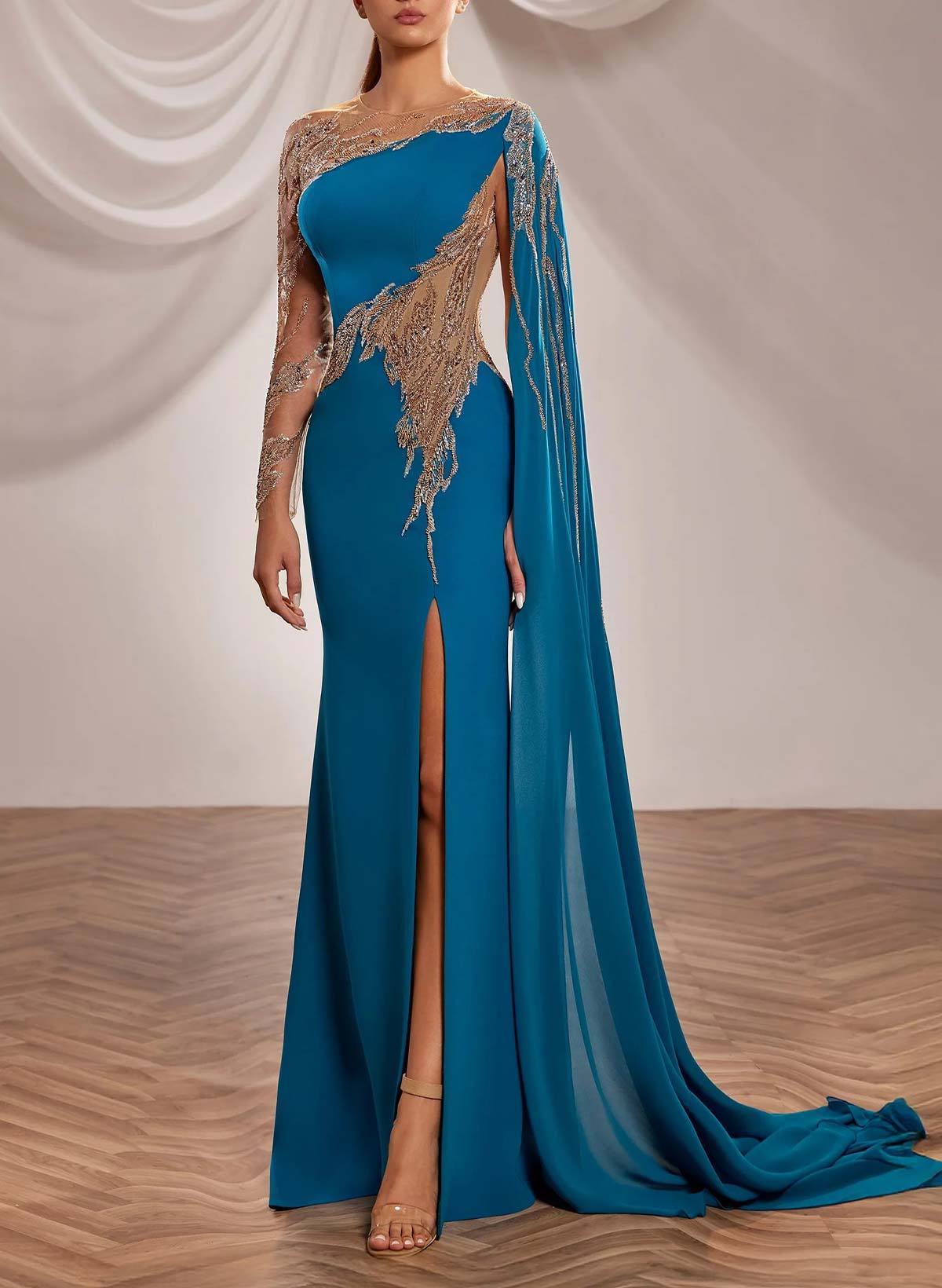 Trumpet/Mermaid Illusion Neck Long Sleeves Floor-Length Chiffon Evening Dresses