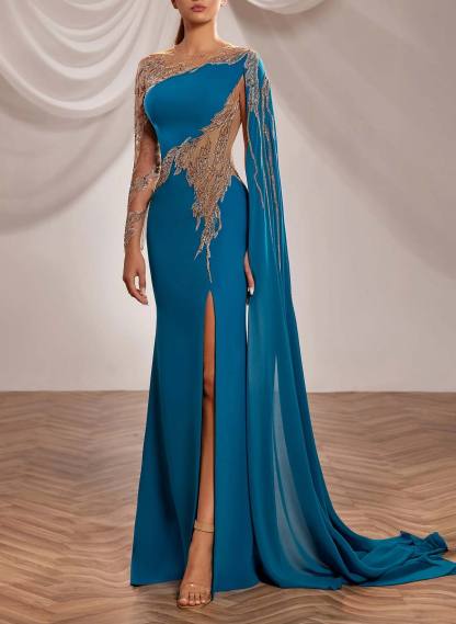 Trumpet/Mermaid Illusion Neck Long Sleeves Floor-Length Chiffon Evening Dresses