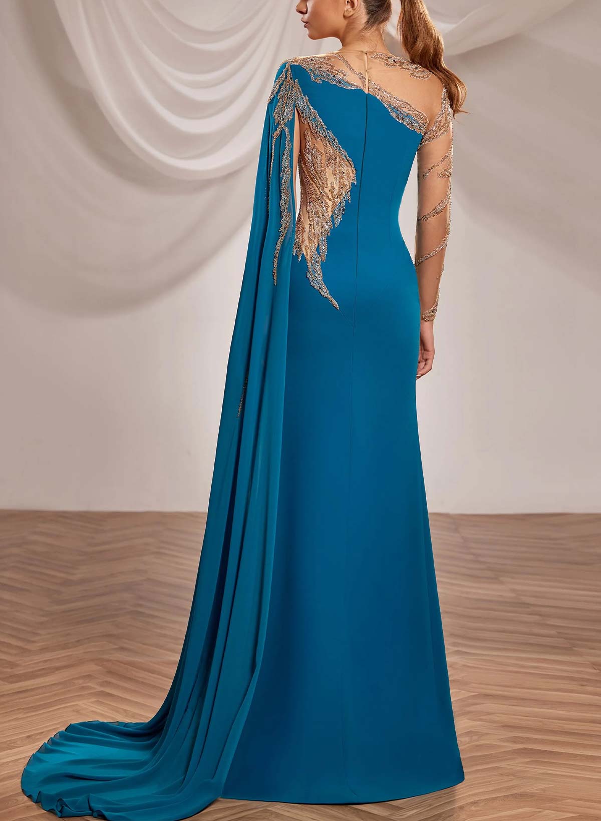 Trumpet/Mermaid Illusion Neck Long Sleeves Floor-Length Chiffon Evening Dresses