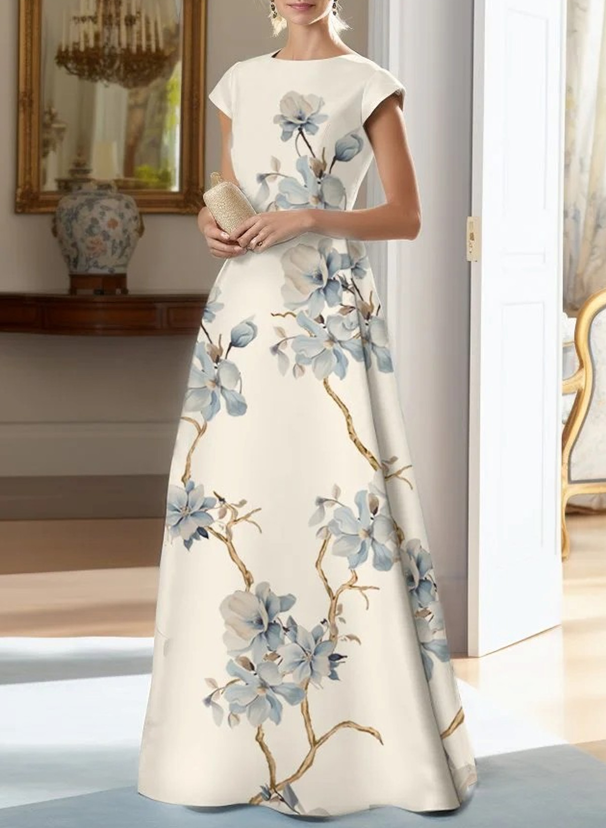 Elegant Scoop Neck A-Line Floor-Length Satin Mother Of The Bride Dresses With Floral-Print, product image 1