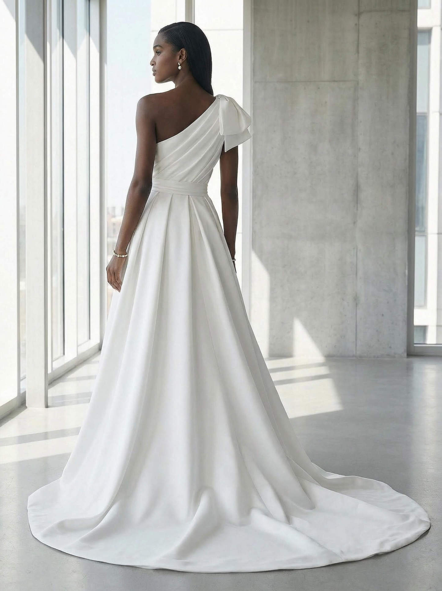 A-Line One-Shoulder Sleeveless Satin Cathedral Train Wedding Dresses, image 2