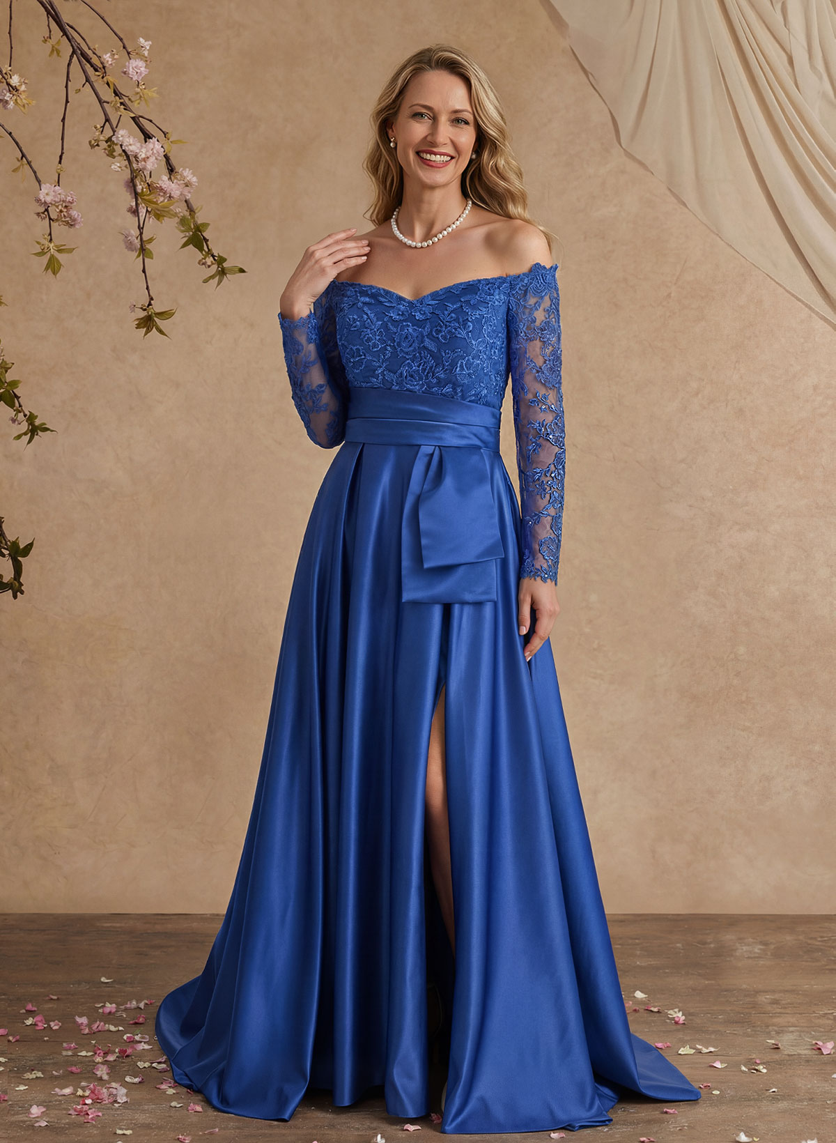 A-Line Off-The-Shoulder 3/4 Sleeves Sweep Train Lace/Satin Mother Of The Bride Dresses