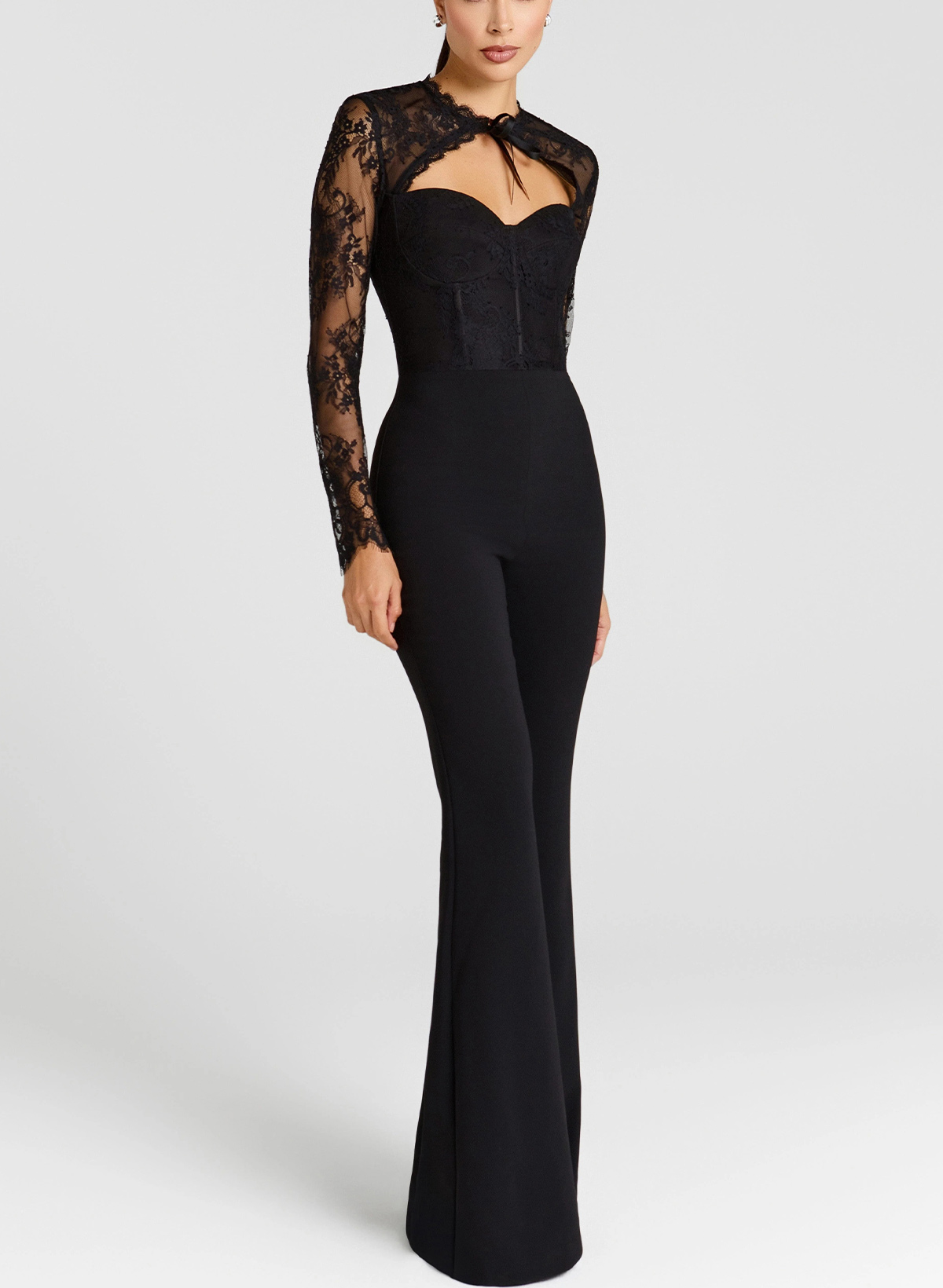 Sheath Column Sweetheart Long Sleeves Floor-Length Elastic Satin Evening Dresses With Lace in Black, US2