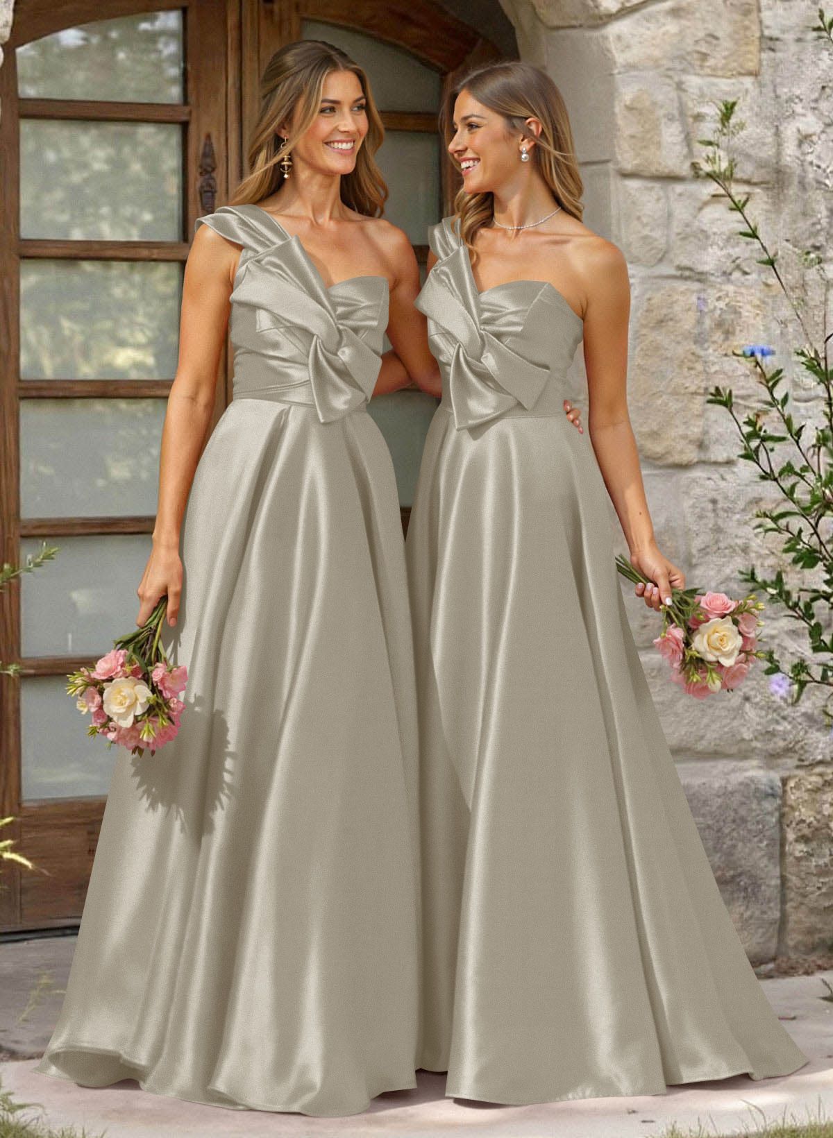 A-Line One-Shoulder Sleeveless Sweep Train Satin Bridesmaid Dresses, product image 62