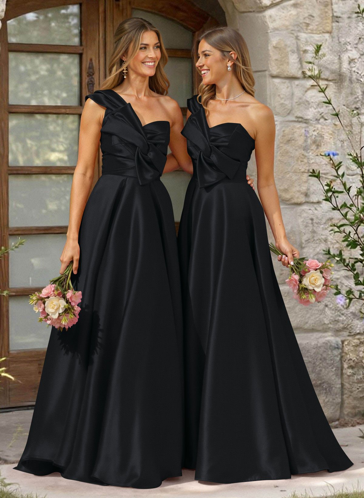 A-Line One-Shoulder Sleeveless Sweep Train Satin Bridesmaid Dresses, product image 59