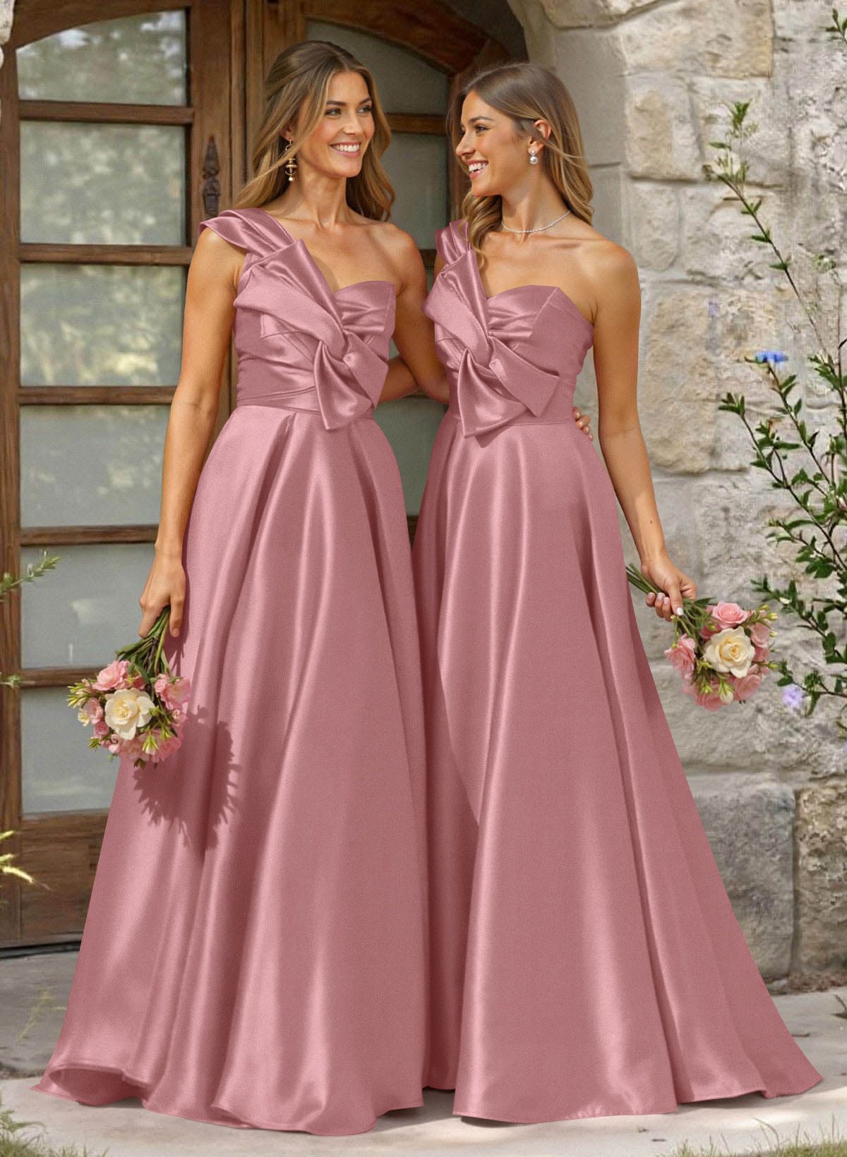 A-Line One-Shoulder Sleeveless Sweep Train Satin Bridesmaid Dresses, product image 24