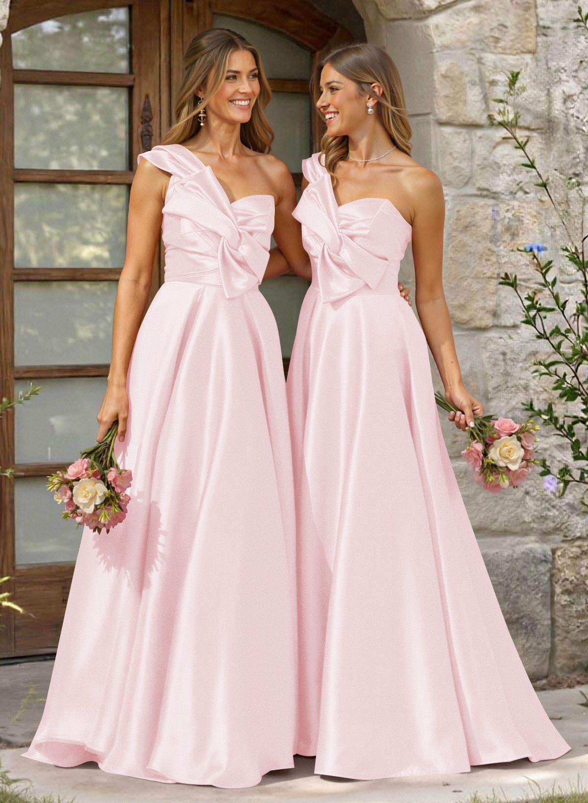 A-Line One-Shoulder Sleeveless Sweep Train Satin Bridesmaid Dresses, product image 27