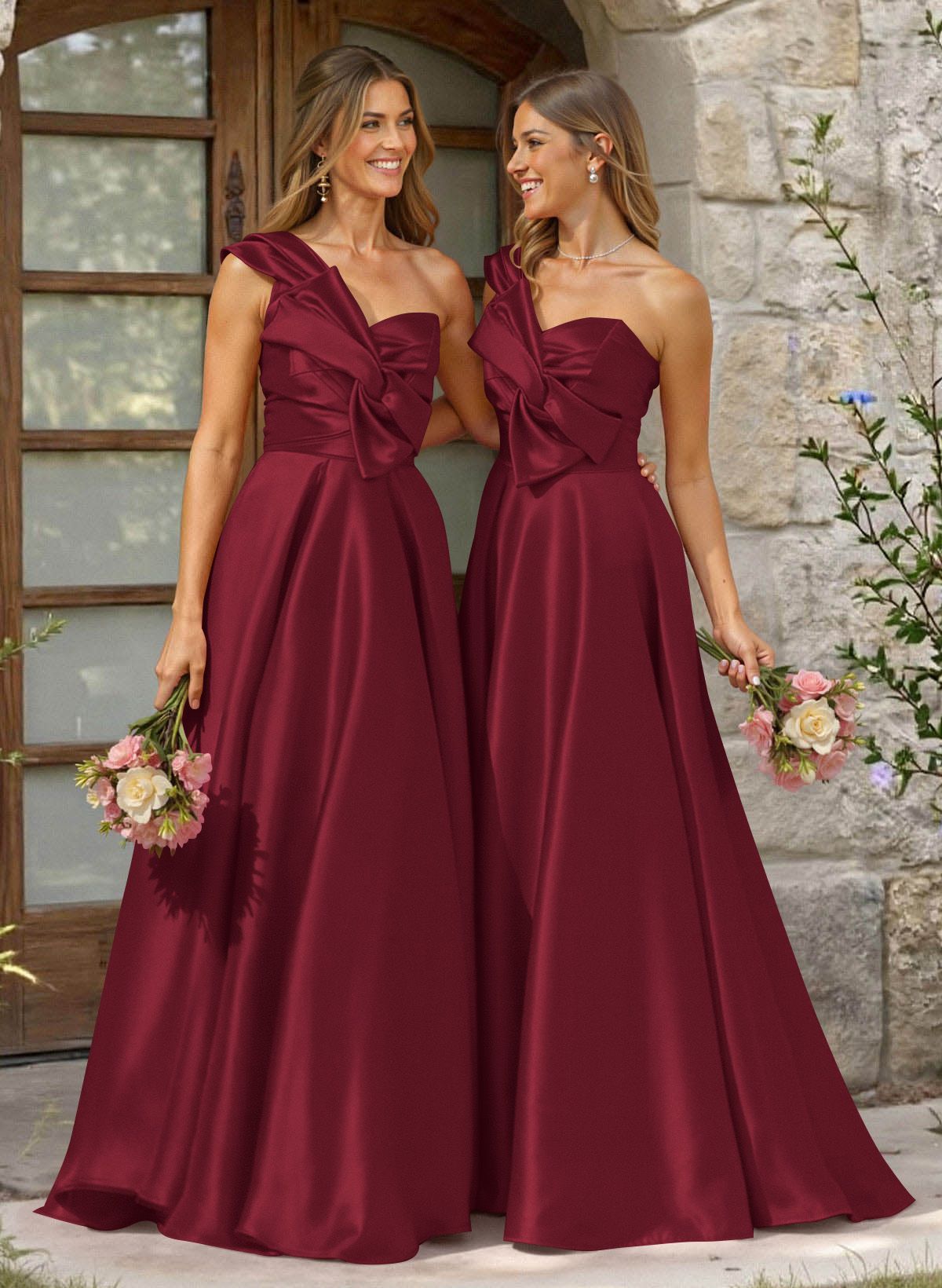 A-Line One-Shoulder Sleeveless Sweep Train Satin Bridesmaid Dresses, product image 16