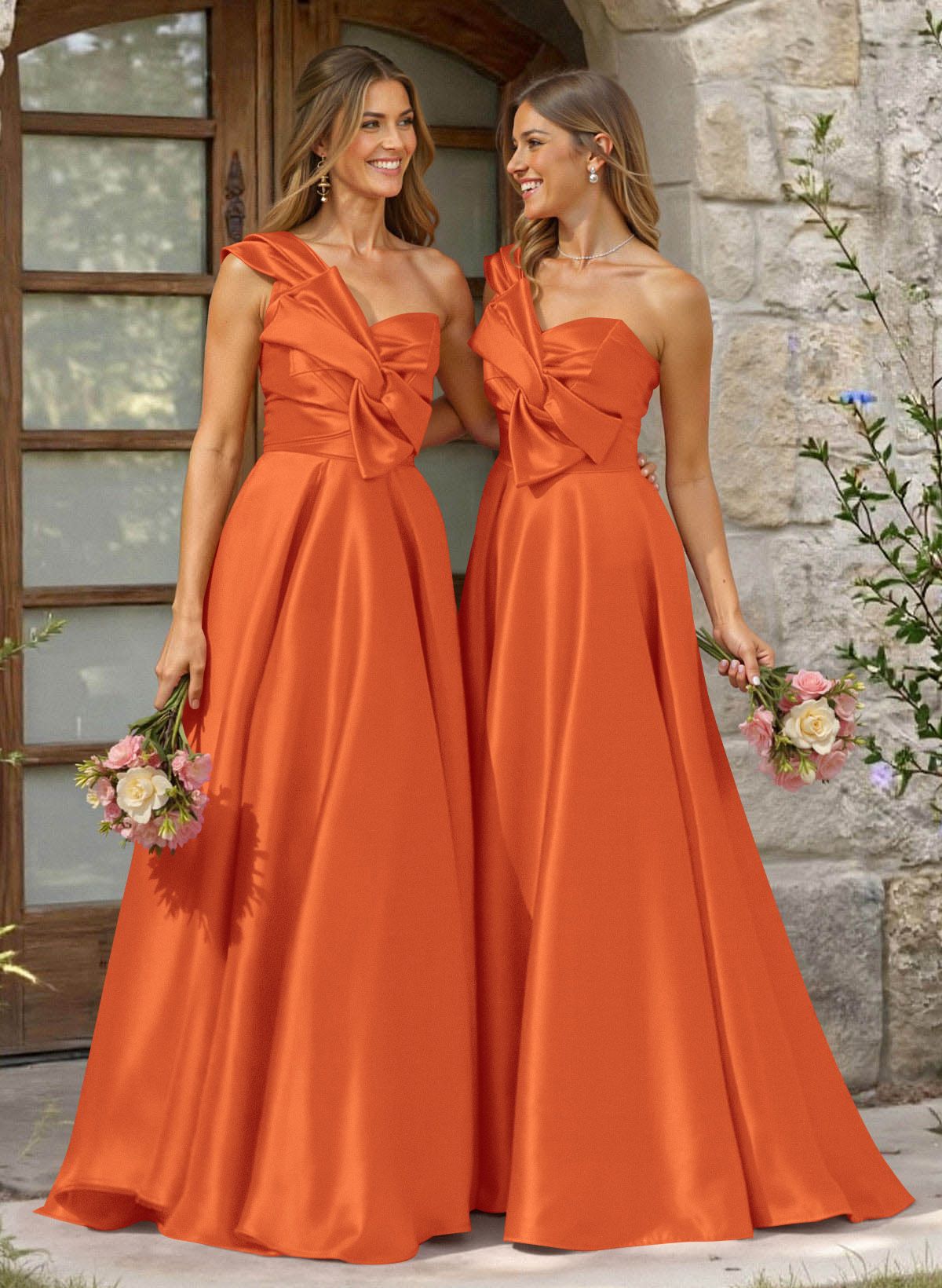 A-Line One-Shoulder Sleeveless Sweep Train Satin Bridesmaid Dresses, product image 65