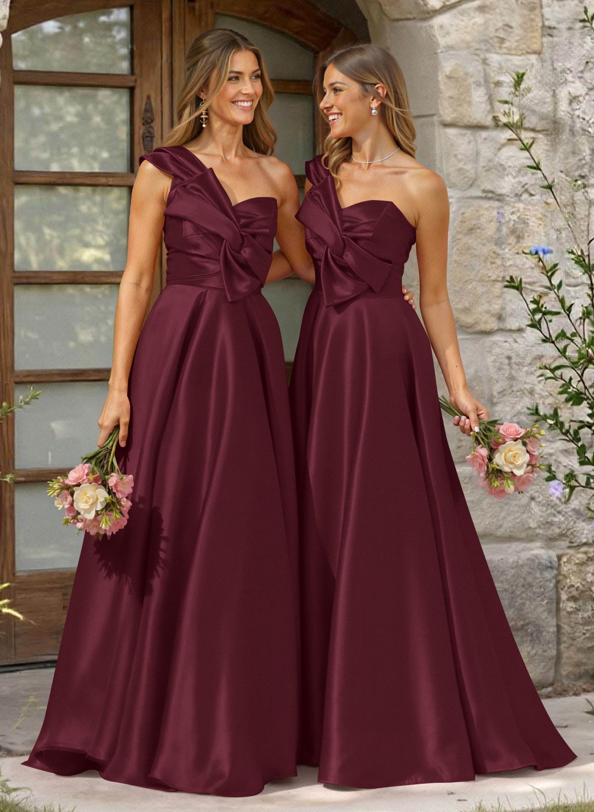A-Line One-Shoulder Sleeveless Sweep Train Satin Bridesmaid Dresses, product image 15