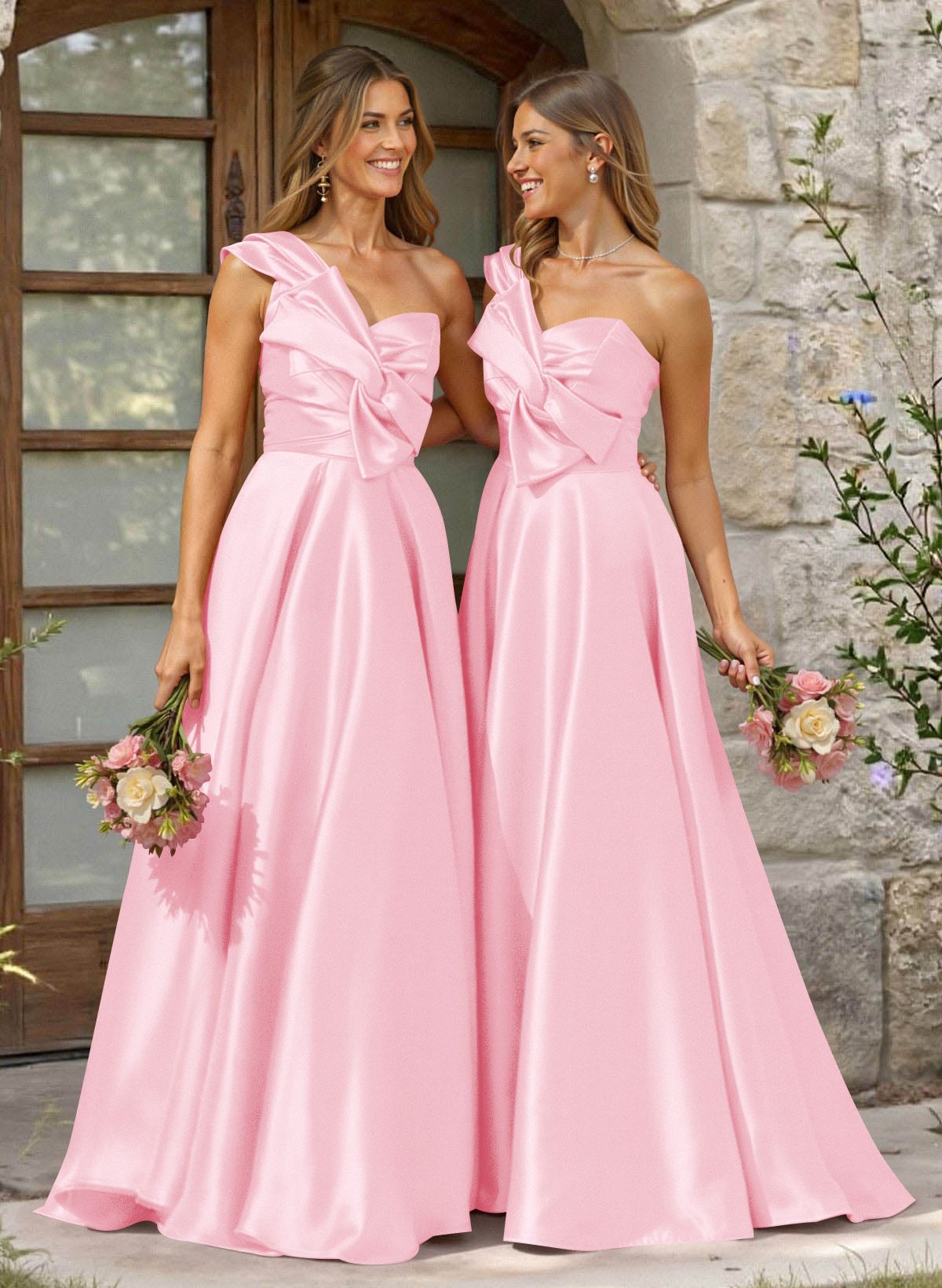 A-Line One-Shoulder Sleeveless Sweep Train Satin Bridesmaid Dresses, product image 28