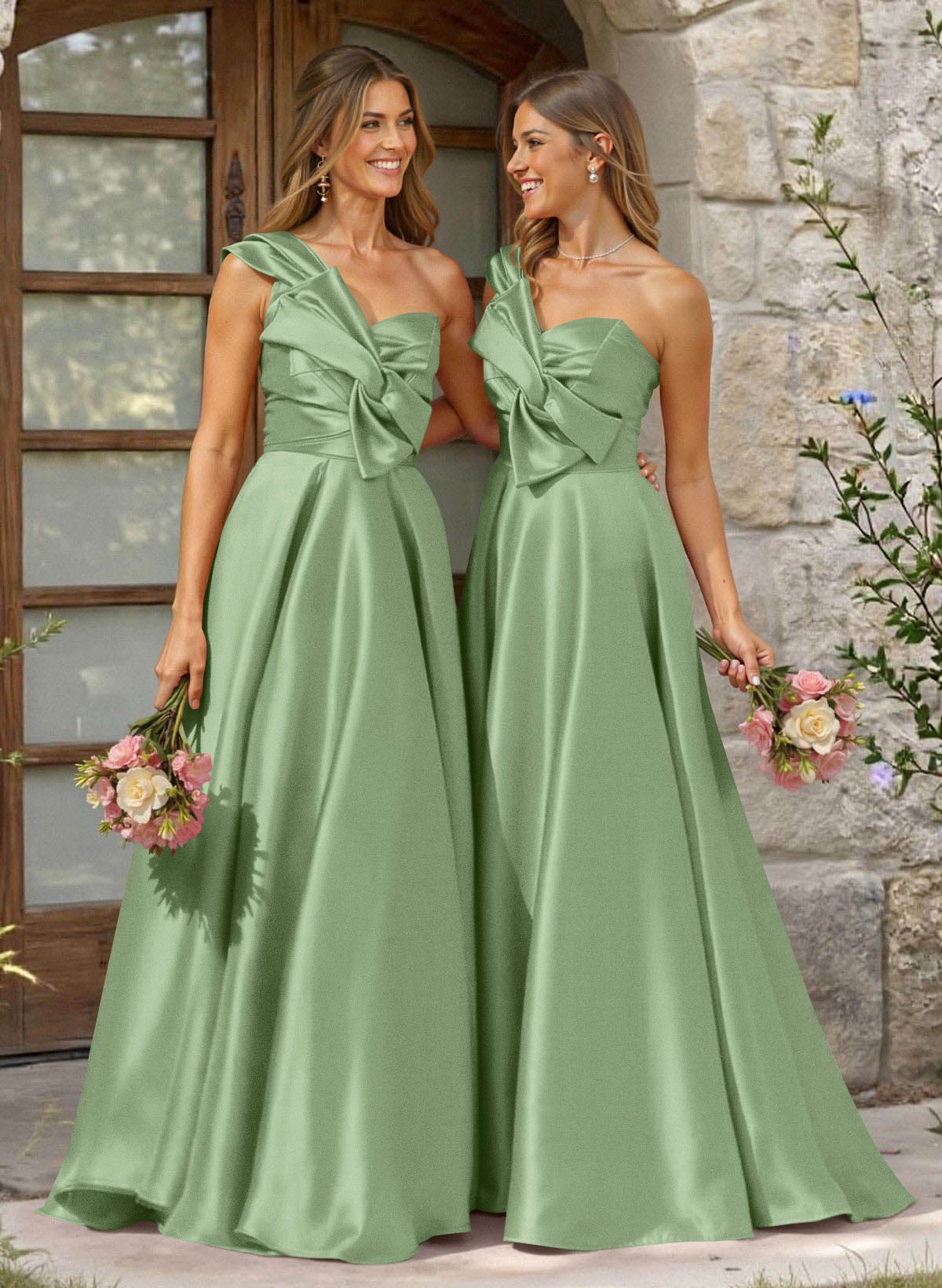 A-Line One-Shoulder Sleeveless Sweep Train Satin Bridesmaid Dresses, product image 44