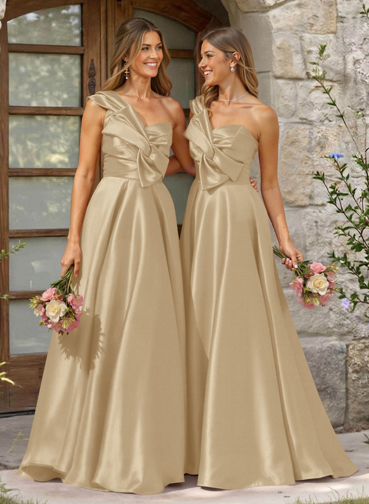 A-Line One-Shoulder Sleeveless Sweep Train Satin Bridesmaid Dresses, product image 48