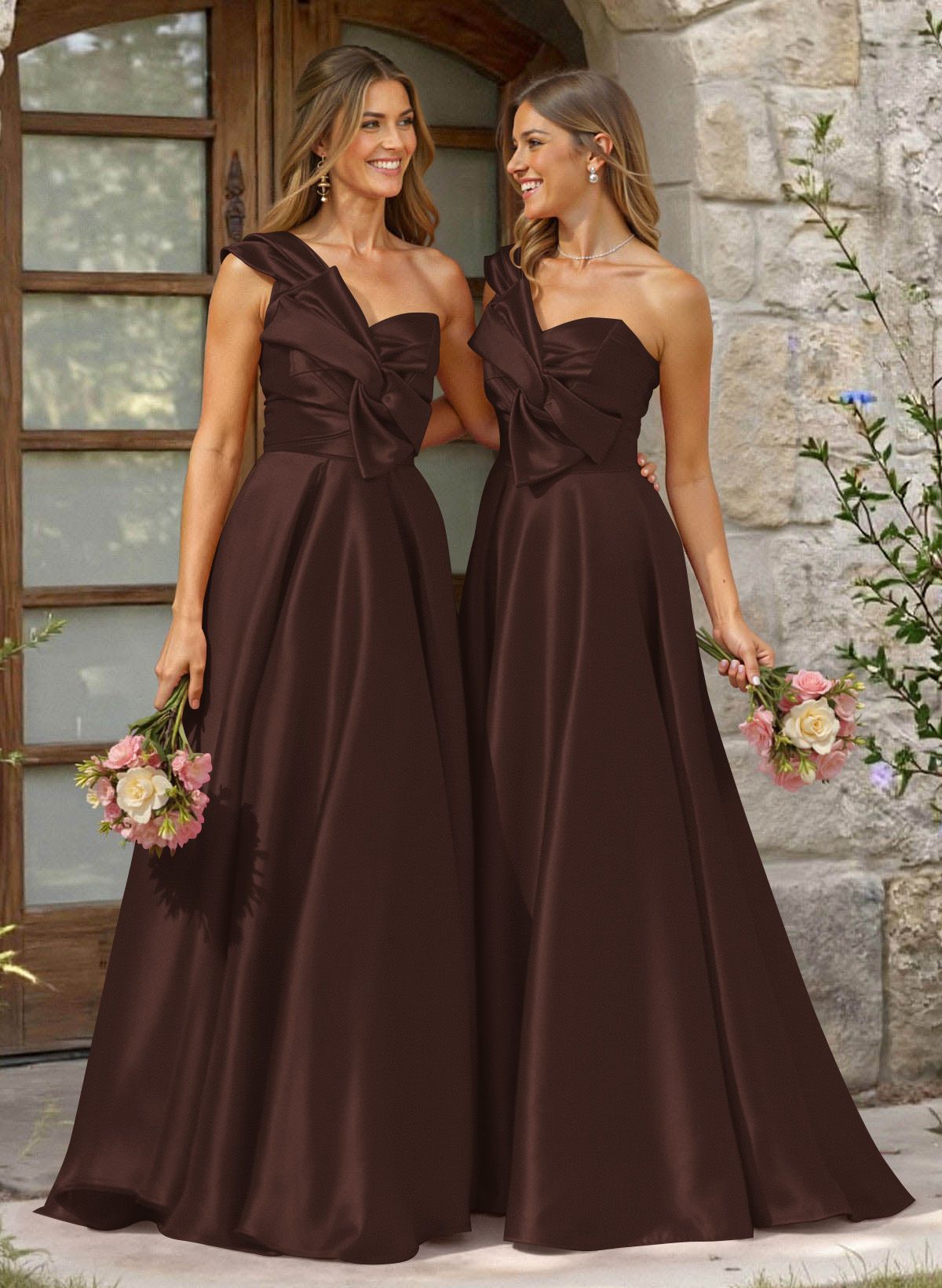 A-Line One-Shoulder Sleeveless Sweep Train Satin Bridesmaid Dresses, product image 54