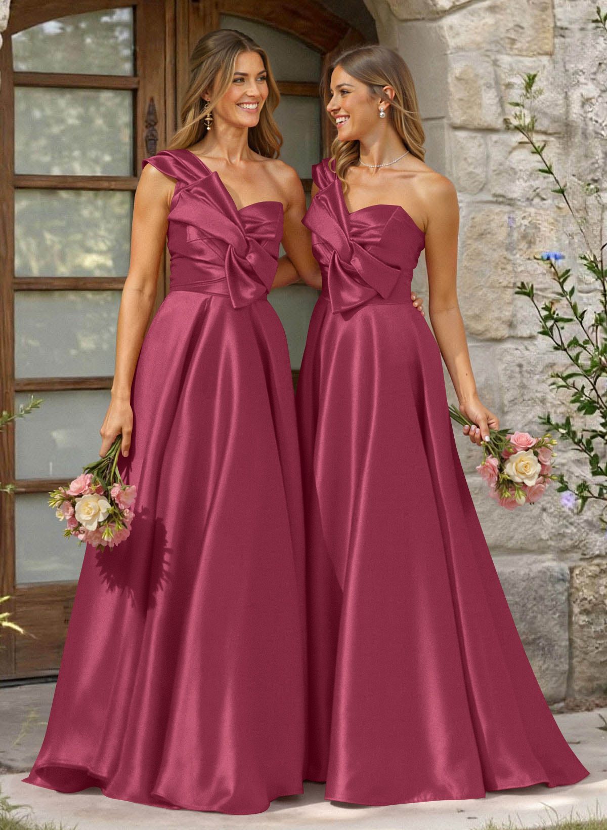 A-Line One-Shoulder Sleeveless Sweep Train Satin Bridesmaid Dresses, product image 17