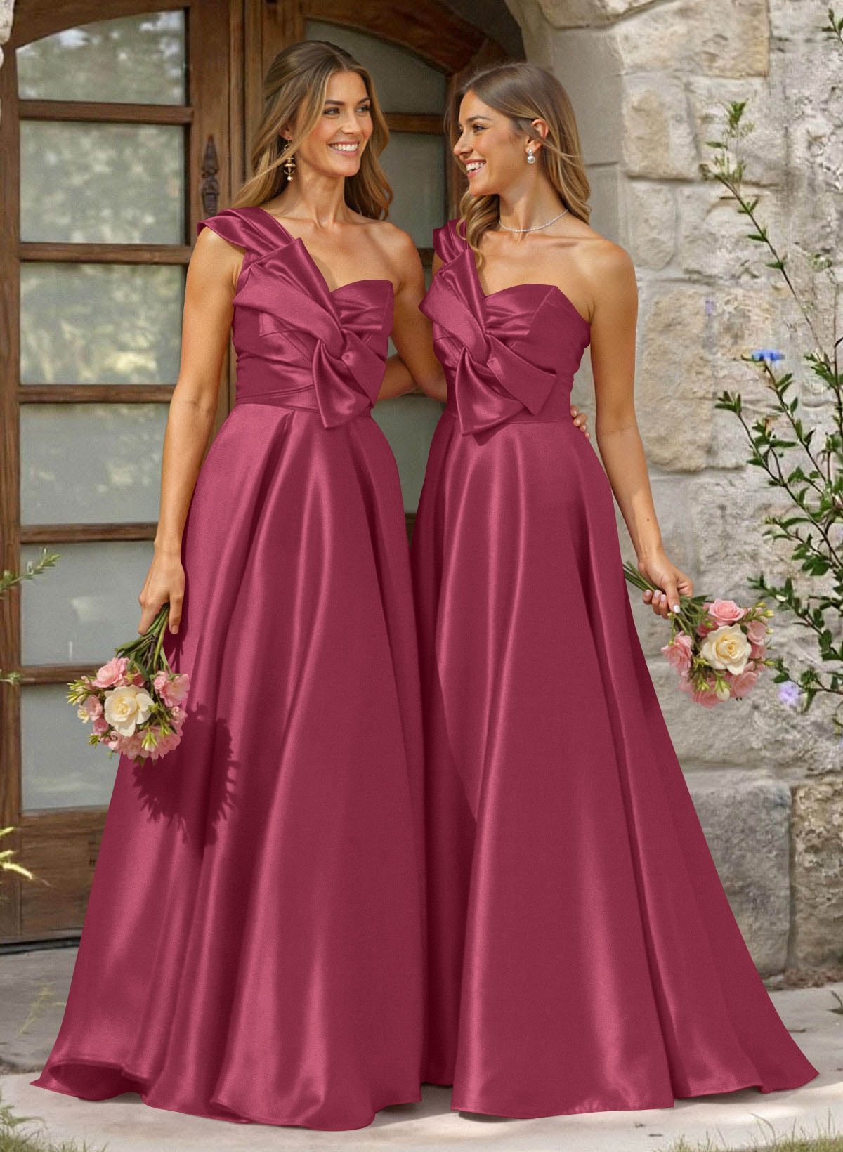 A-Line One-Shoulder Sleeveless Sweep Train Satin Bridesmaid Dresses, product image 17
