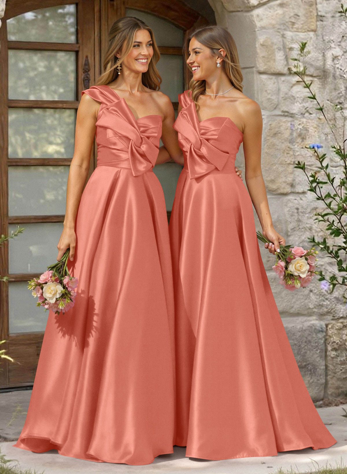 A-Line One-Shoulder Sleeveless Sweep Train Satin Bridesmaid Dresses, product image 26