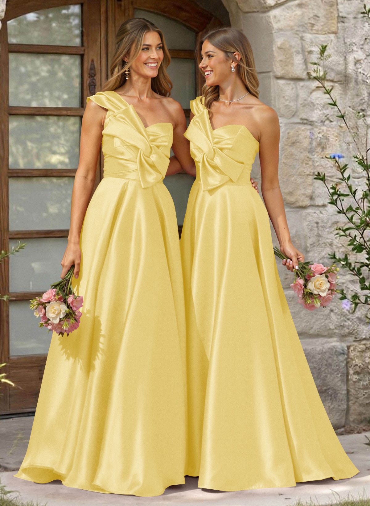 A-Line One-Shoulder Sleeveless Sweep Train Satin Bridesmaid Dresses, product image 50