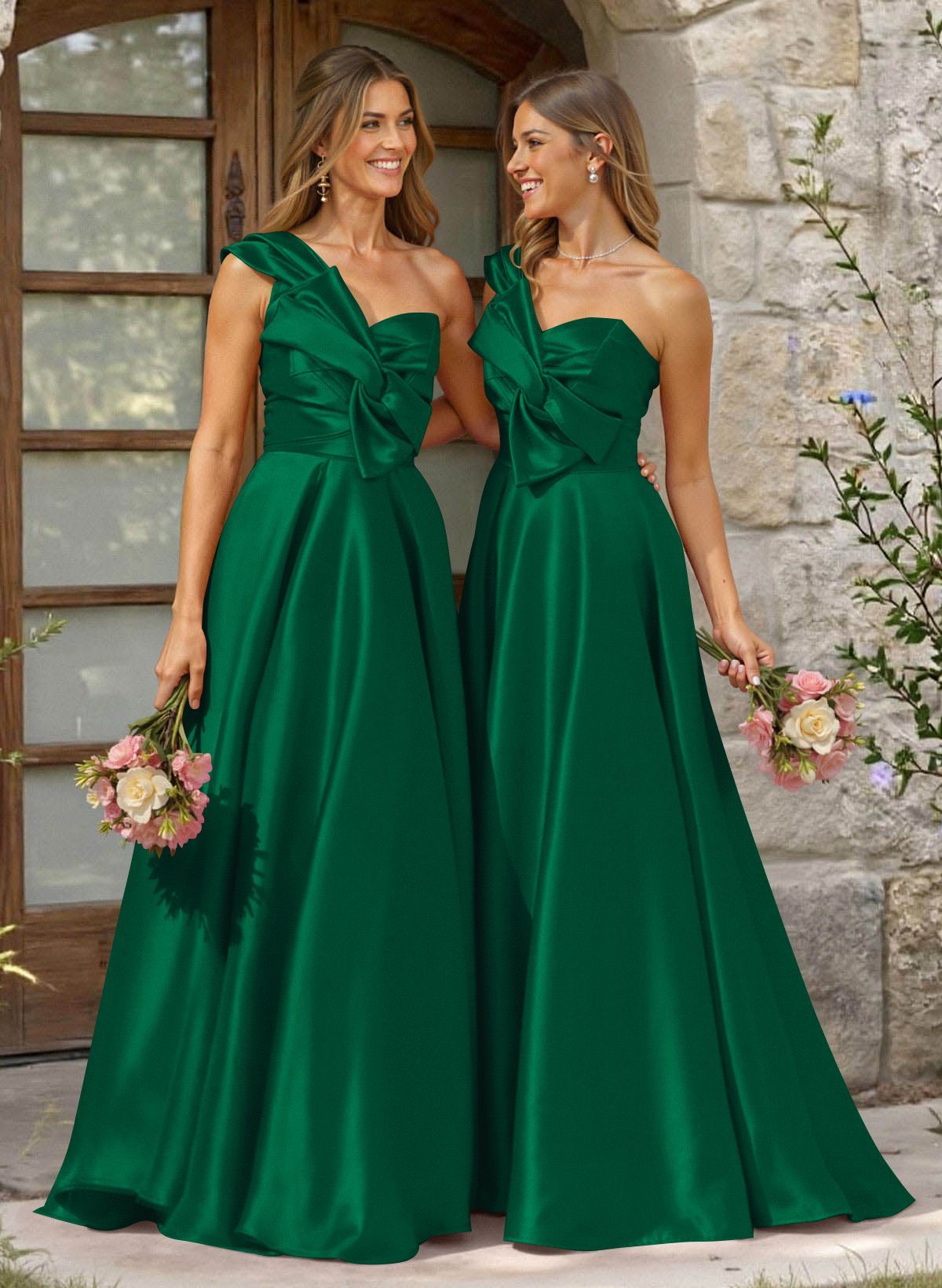 A-Line One-Shoulder Sleeveless Sweep Train Satin Bridesmaid Dresses, product image 40
