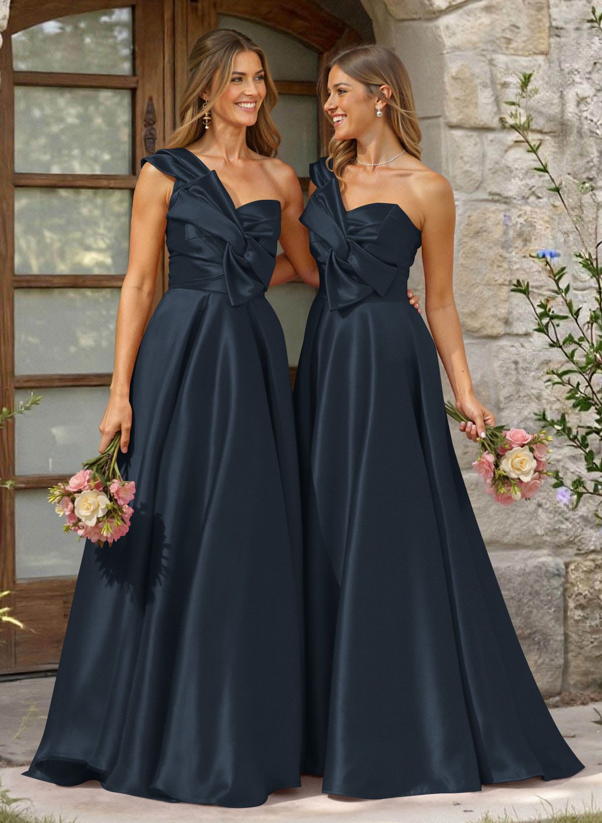 A-Line One-Shoulder Sleeveless Sweep Train Satin Bridesmaid Dresses, product image 3